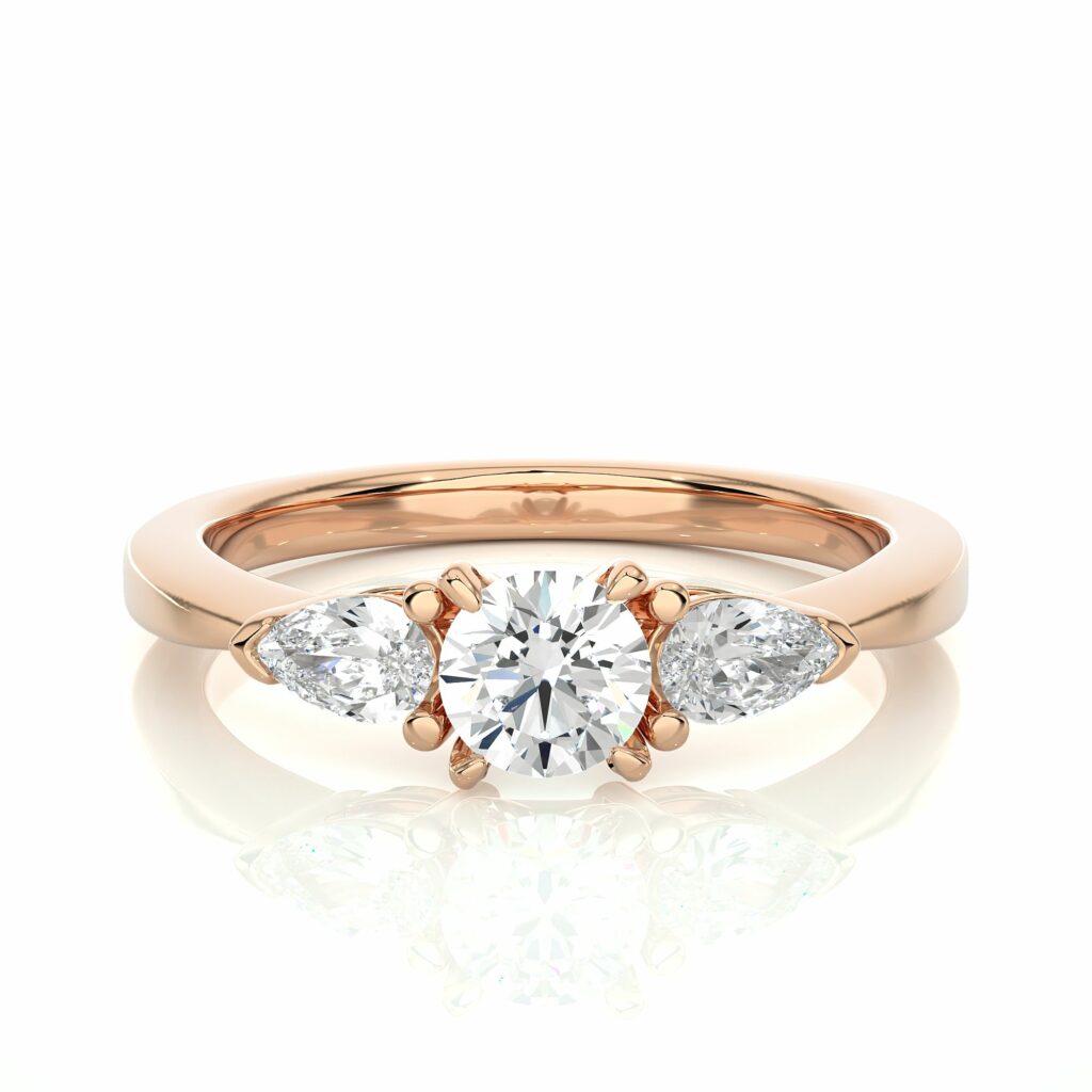1 Ct Round & Pear Cut Diamond 3 Stone Ring with Plain Band