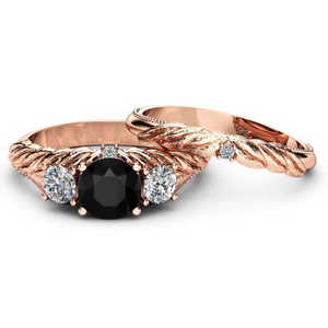 1.50 Carat Round Cut Rope Design Black And White Diamond Bridal Set Ring